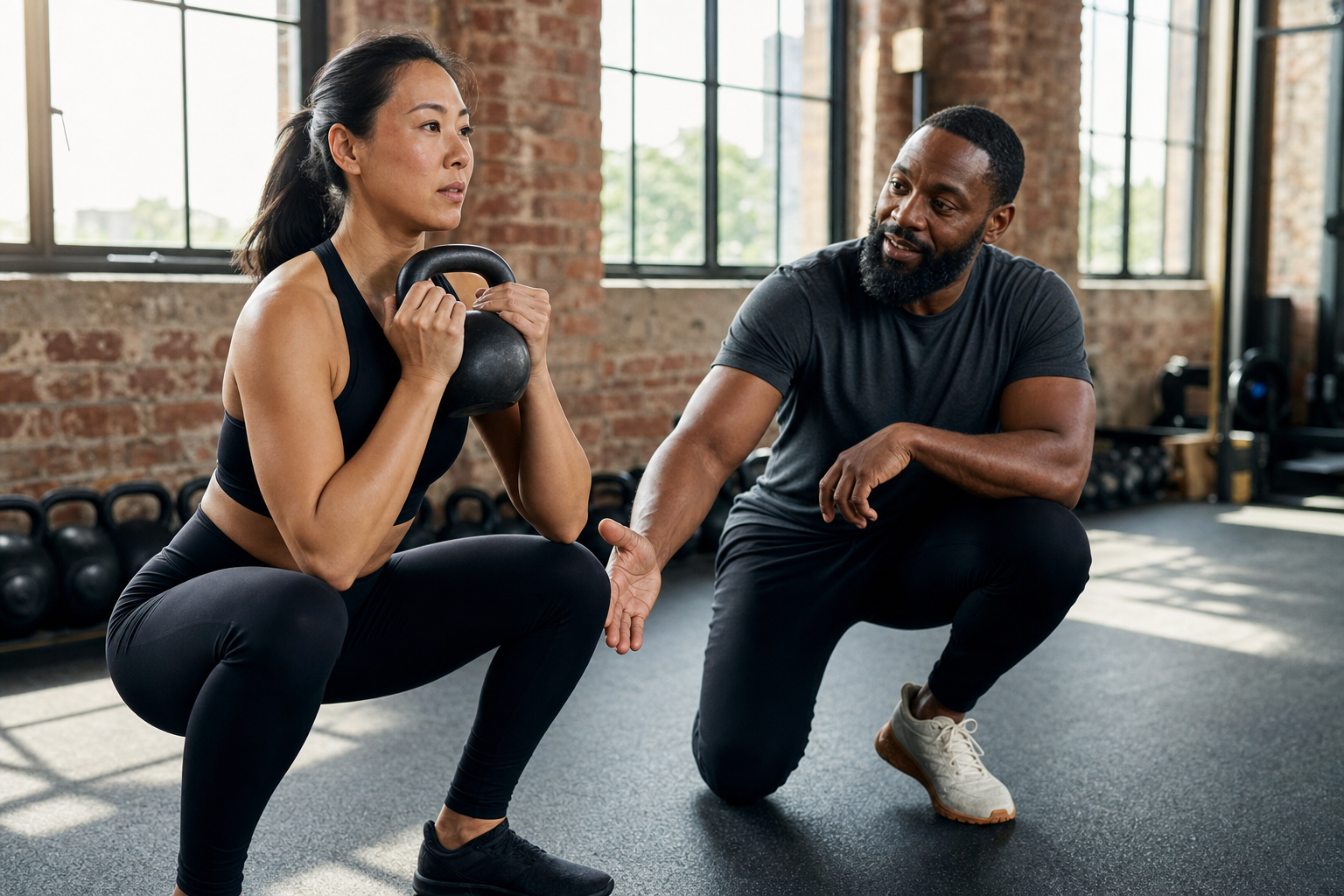 Coach guiding a member through a kettlebell training session