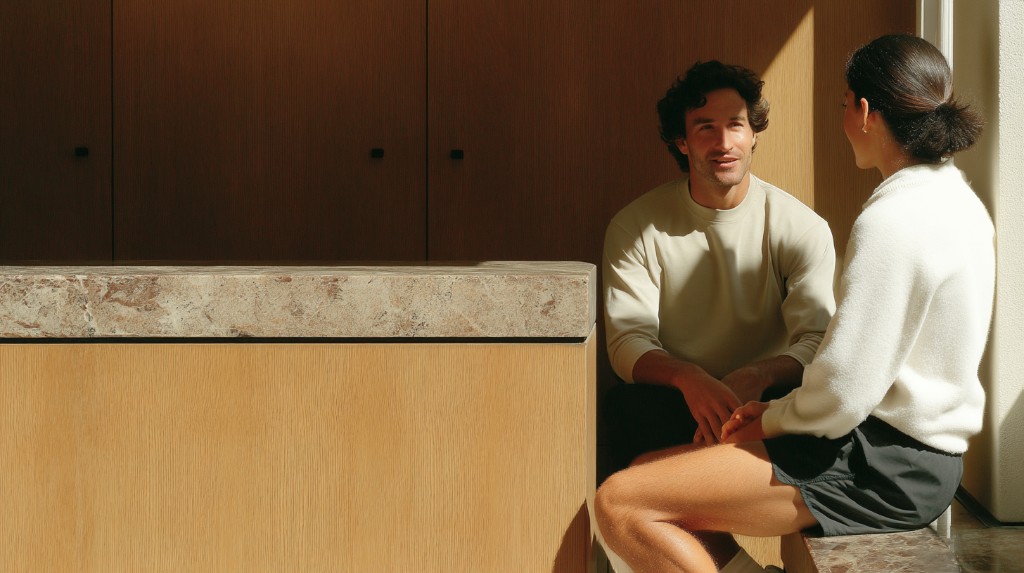 Two people in workout clothes having a candid conversation