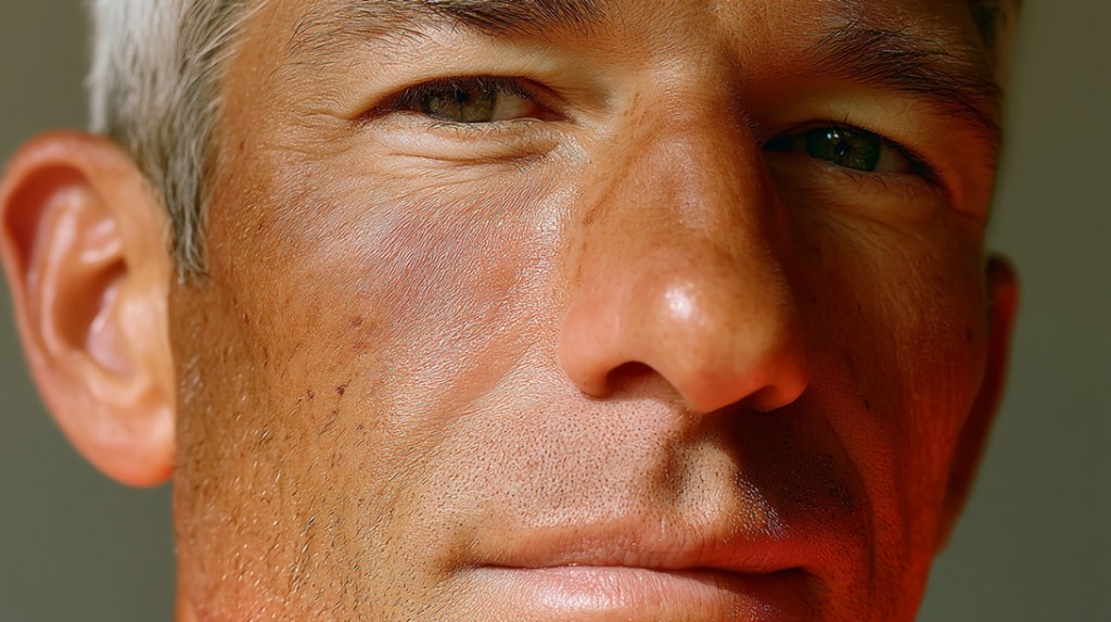 Close-up portrait washed in fuchsia light